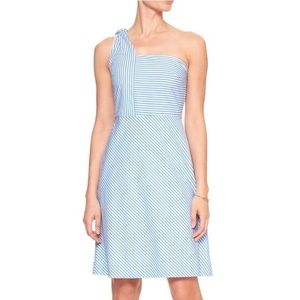 Banana Republic one shoulder, fit and flare striped satin dress.